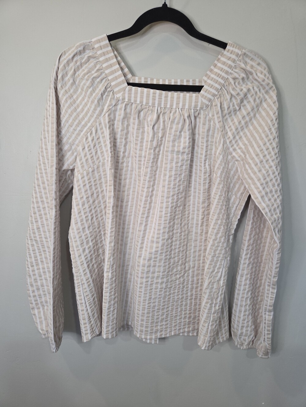 Denim & Company Size Medium Seer Sucker Cotton Square Neck Blouse Top Stripes